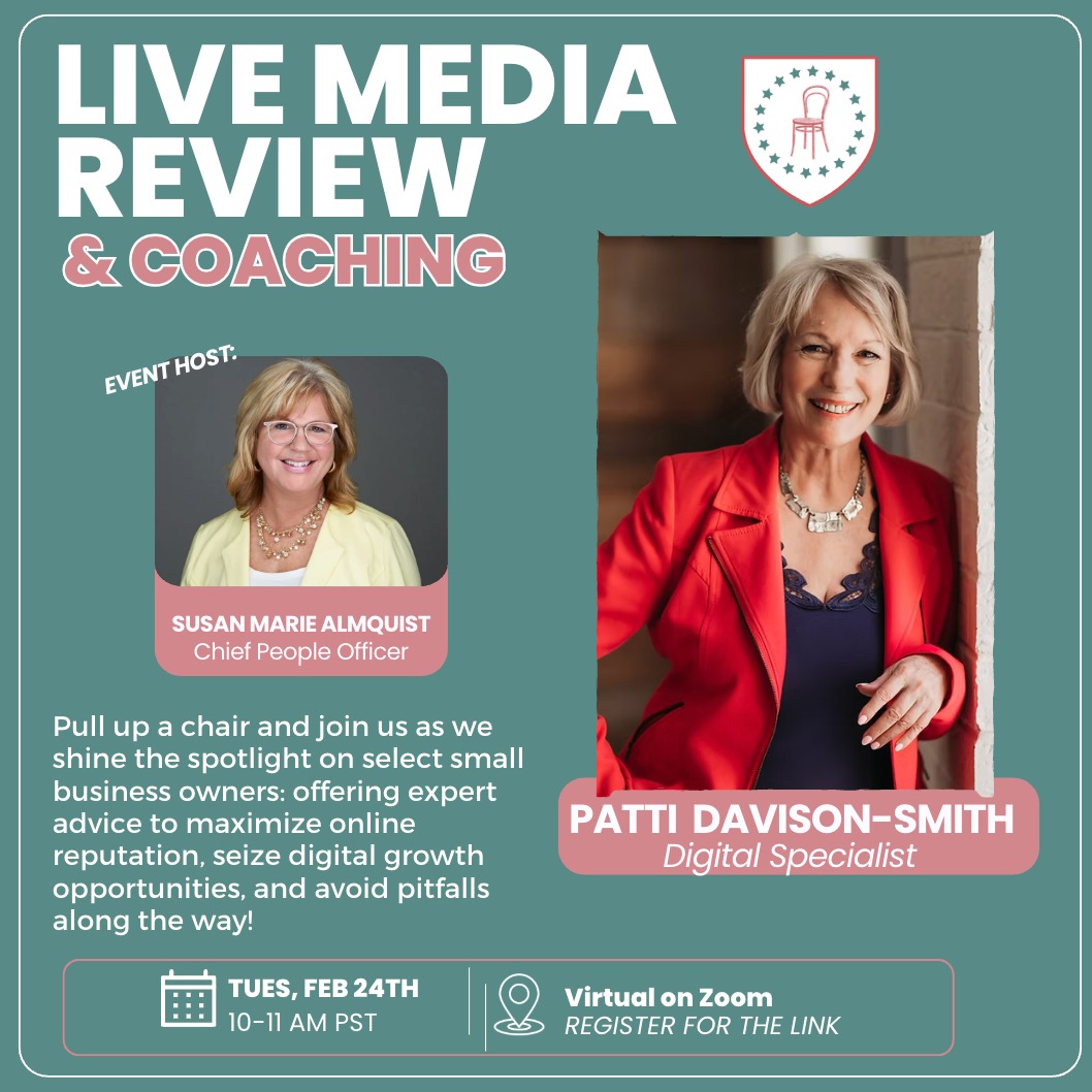 Please join us on Tuesday online, as we spotlight two small businesses (one power-washing and one that provides helpers for seniors) and hear our digital specialist offer expert advice to maximize digital growth and avoid pitfalls. 🙌

You'll learn actionable takeaways that can help your own business show up better online! 🌟

Message me for the link! No charge to attend!! 💗
Tuesday, 2/24, 10 am PST

#marketchair
#makelifemattermore