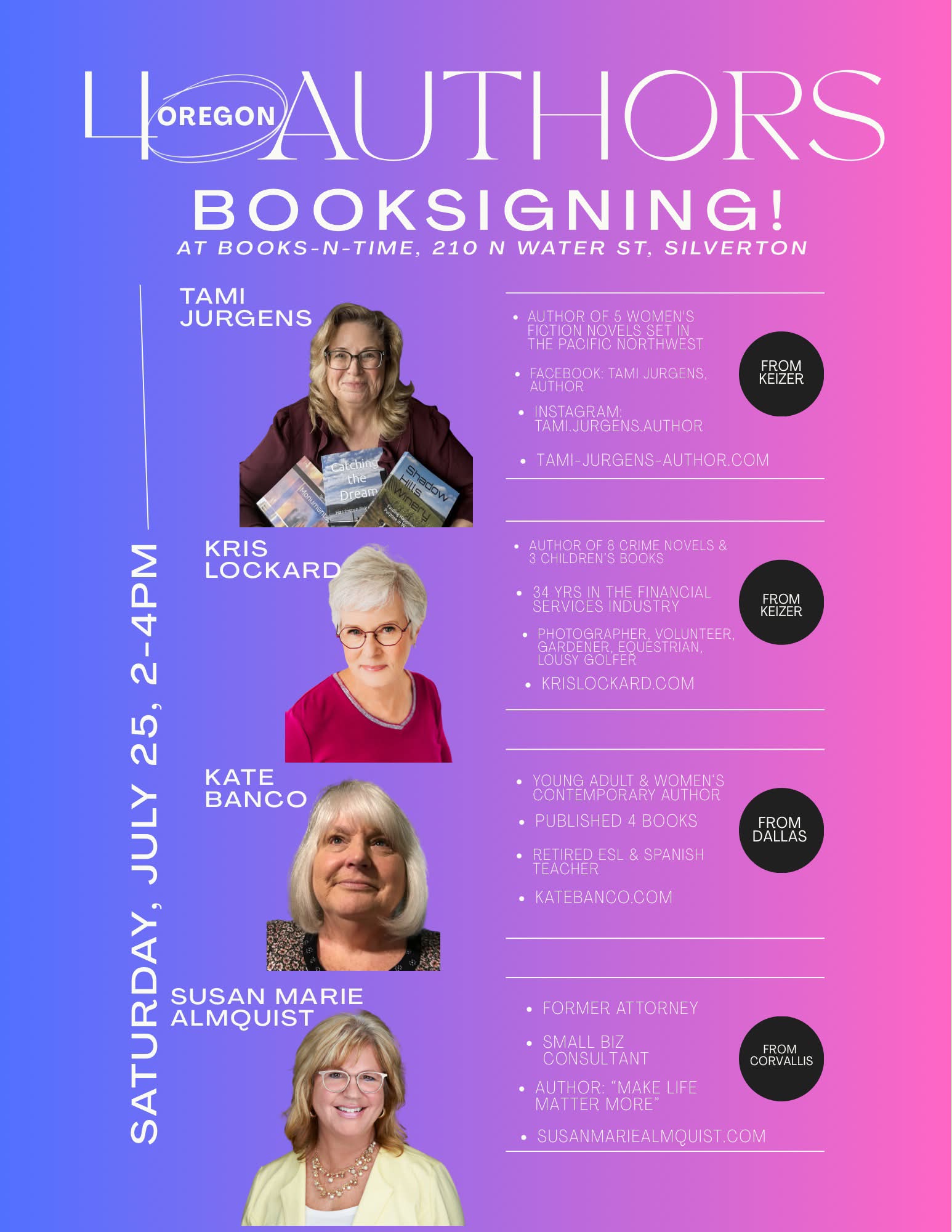 For today’s Make Fridays Matter More segment I showcase an upcoming event I have the honor to have been invited to be a part of! 

It’s so marvelous to support other local women authors Tami Jurgens, Author as well as the bookstore business owner herself who’s hosting us on Saturday, July 25th, from 2-4pm in Silverton. 📚

If you’re in our region, please plan to come out to see us! 

Giveaways and good books will reign! 👑

#booksntime #makelifemattermore

￼